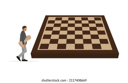 Male character with a chess pawn in his hand goes to the big chessboard on a white background