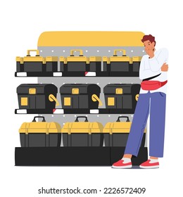 Männliche Zeichen wählen Toolbox für Instrumente im Hardware-Shop. Der Mensch steht am Shelf mit verschiedenen Waren im Baumaterial-Store. Vektorgrafik von Cartoon People
