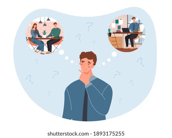 Male character choosing between relationship and career. Concept of difficult choice, life dilemma, making decision. Flat cartoon vector illustration