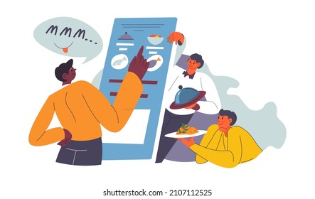 Male character choosing food from menu in restaurant or cafe, diner or bistro. Chef and waiter with special dish for client, customer ready to order. Nutritious and balanced meal, vector in flat style