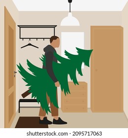 A male character with a Christmas tree in his hands is standing in the hallway