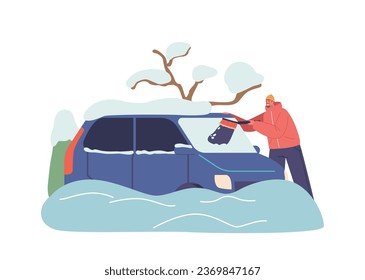 Male Character Clean Windshield. Diligent Man Meticulously Clears Snow From His Car Windows, Vector Illustration