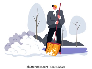 Carácter masculino limpiando la nieve del patio trasero en casa, hombre con palas haciendo las tareas domésticas. Persona con espacio rodeado de árboles y senderos. Actividades en temporada de invierno. Vector de estilo plano