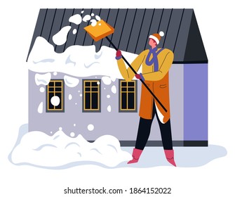 Male character cleaning snow from path by building. Man working outdoors in winter. Household chores in yard. Wintertime activities of people living in their property, vector in flat illustration