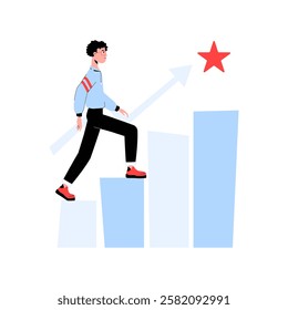 Male Character Climbing Bar Chart In Flat Vector Illustration Symbolizing Career Growth, Success, And Achievement, Isolated On White Background.