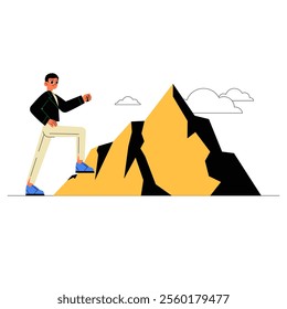 Male Character Climbing A Mountain In Flat Vector Illustration Symbolizing Success, Challenges, And Personal Growth, Isolated On White Background