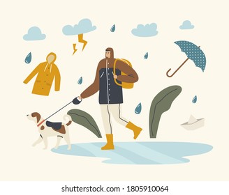 Male Character in Cloak and Boots Walking with Dog by Puddles at Wet Rainy Weather in City Park. Man Spend Time with Pet Outdoors. Relax, Leisure, Communication with Animal. Linear Vector Illustration