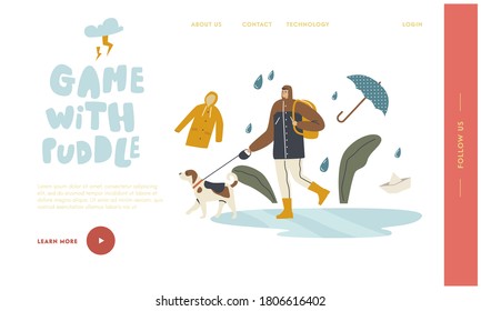 Male Character in Cloak and Boots Walking with Dog by Puddles at Wet Rainy Weather Landing Page Template. Man Spend Time with Pet Outdoors. Relax, Leisure with Animal. Linear Vector Illustration