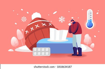 Male Character With Cold Allergy Symptoms Sneezing. Sick Person Illness With Cough And Sneeze Due To Low Temperature Need Allergen Pharmacy And Drugs For Health Treatment. Cartoon Vector Illustration