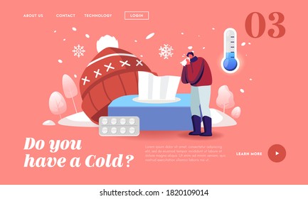 Male Character with Cold Allergy Symptoms Sneezing Landing Page Template. Sick Person Illness with Cough and Sneeze due to Low Temperature need Allergen Pharmacy and Drugs. Cartoon Vector Illustration