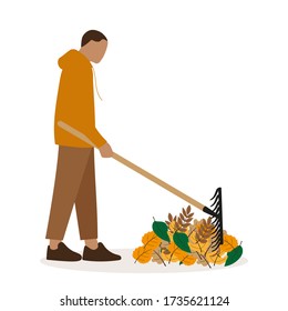 Male character collects leaves in a bunch with a rake