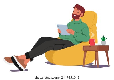 Personaje Masculino Cómodamente Sentado En Un Sillón, Envuelto En Su Tableta, Navegando Y Comprando En Línea, Desplazándose A Través De Varias Opciones Con Atención Centrada. Ilustración vectorial de dibujos animados