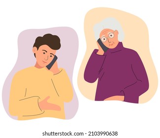 The male character communicates with his elderly mother or grandmother on a cell phone. Family correspondence, dialogue. Family relationships. Trendy flat vector illustration.