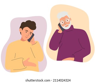 A male character communicates with his elderly father, grandfather or brother on a mobile phone. Family correspondence, dialogue. Family relationships. Trendy flat vector illustration.