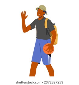 Male Character Confidently Walking with A Basketball Ball, Carrying A Backpack Slung Over One Shoulder. Sports And Adventure Are His Companions On This Journey. Cartoon People Vector Illustration