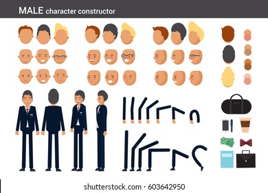 Male character constructor for different poses. Set of various men's faces, hairstyles, hands, legs and accessories. Vector flat style illustration.