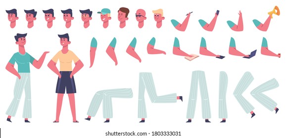 Male character constructor. Man body gesture poses, clothes and hairstyle, different legs, hands and facial emotion vector illustration icons set. Guy face and gesture, emotion and pose, arm and leg