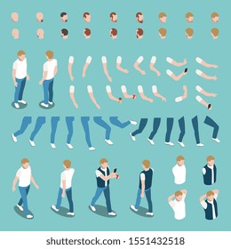 Male character constructor set with hand gestures legs haircuts beard isolated on blue background 3d isometric vector illustration