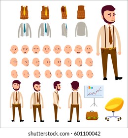 Male character constructor set includes emotional faces, hipster clothes, jacket and vest, briefcase full of money, chart on stand and bright office chair. Vector illustration of human model.