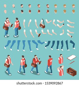 Male character constructor set with various haircuts body gestures and accessories for work isolated on blue background 3d isometric vector illustration