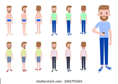 Male character constructor with spare outfits. Guy in swimming trunks and casual summer clothes. Man with cup of coffee vector illustrations set.