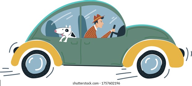 Male character control car, gloomy personality drive vehicle with funny dog isolated on white, flat vector illustration. People man hurry business deal, person taking pet for walk.