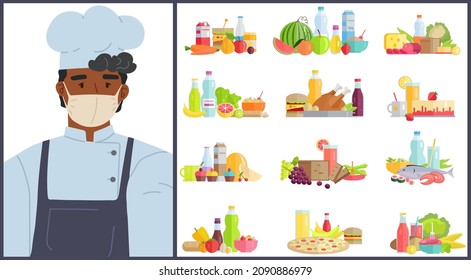Male character cook using face mask for covid 19 during pandemic vector isolated illustration. Man kitchener follows quarantine rules against spread of virus, takes care of his health and colleagues