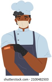 Cocina de carácter masculino con mascarilla facial para covid 19 durante ilustración aislada de vector pandémico. La cocina del hombre sigue las normas de cuarentena contra la propagación del virus, se ocupa de su salud y de sus colegas