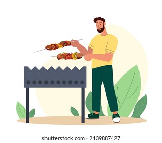 Male Character Cooking Meat Shashlik on Fire BBQ outdoor in Garden. on Fire BBQ outdoor in the Garden.Tasty Barbecue grill meat.Cook on Brazier on Fresh Air.Cartoon Flat Vector Illustration