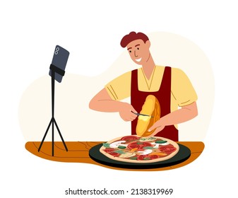 Male Character Cooking Pizza and Scraping Raclette Cheese melting on Mushroom Tasty pizza.Tutorial at Video Blog,Man Food Blogger Tells How to Cook.Chef Vlogger Shows Recipe.People Vector Illustration