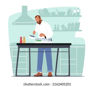 Male Character Cooking Seafood. Mature Man Pouring Sauce On Big Fish Lying On Tray At Home Kitchen Man Prepare Meal For Family Dinner Enjoying Process Of Cook Food. Cartoon Vector Illustration