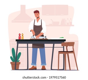 Male Character Cooking Seafood. Young Man in Chef Apron Cutting Big Fish at Home Kitchen Prepare Meal for Family Dinner Enjoying Process of Cook Food, Domestic Lifestyle. Cartoon Vector Illustration