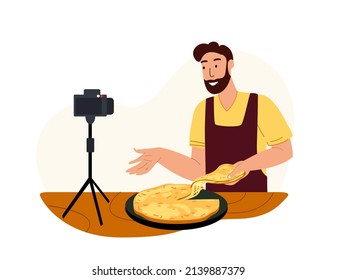 Male Character Cooking Tasty Pizza Khachapuri, with Slice Cheese melting .Tutorial at Video Blog,Man Food Blogger Tells How to Cook.Chef Vlogger Shows Recipe.Cartoon People Flat Vector Illustration