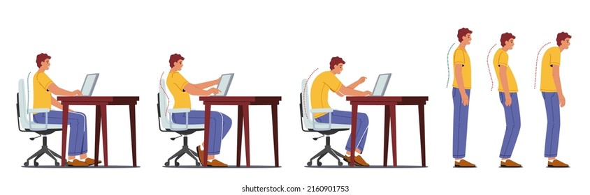 Male Character Correct and Wrong Sitting Position during Working at Computer. Man Sit at Table With Monitor, Spinal Curvature, Scoliosis, Healthy Back Concept. Cartoon People Vector Illustration