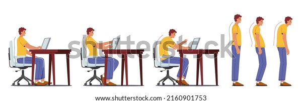 Male Character Correct and Wrong Sitting\
Position during Working at Computer. Man Sit at Table With Monitor,\
Spinal Curvature, Scoliosis, Healthy Back Concept. Cartoon People\
Vector Illustration