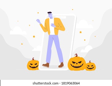 Male character in costume of Frankenstein monster on smartphone screen celebrate Halloween. Online holiday party. Happy Halloween greetings template vector. 