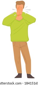 Male character coughing and sneezing, isolated man having symptoms of respiratory disease. Allergy or problem with health. Pandemic situation, guy covering mouth with hands, vector in flat style
