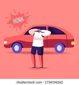 Male Character Cover Ears To Stop Hearing Car Honk, Loud Sounds And Tinnitus. Man Suffering Of Noise Pollution. Big City Dweller Social Problem Of Uproar And Din. Cartoon People Vector Illustration