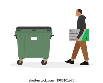 Male character with credit card in hand goes to trash can on white background