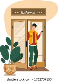 Male character customer restaurant, exit from cafe door watch into mobile phone, smartphone isolated on white, flat vector illustration. Concept design facade food establishment, plants pot.