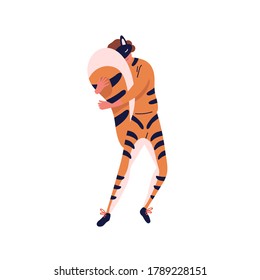 Male character in cute tiger costume hiding behind fluffy tail vector flat illustration. Funny guy in masquerade apparel and mask of striped wild animal isolated. Man wearing carnival garment