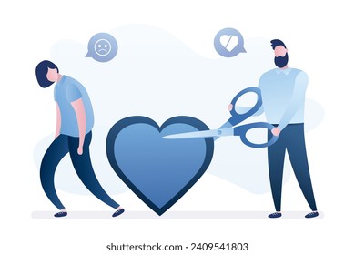 Male character cuts heart with scissors. Woman received refusal from lover. Non-reciprocal love and friendzone. Man rejected feelings. Frustrated girl leaves with broken heart. vector illustration