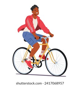 Male Character Cycling Daily Routine and Sport. Man Pedals His Bicycle, Wind Tousling His Hair, As He Navigates The Bustling Streets With Focused Determination. Cartoon People Vector Illustration