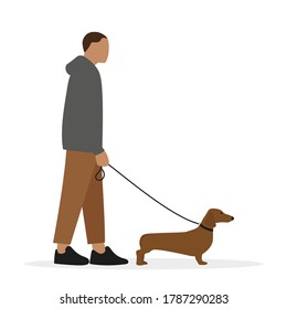 Male character with dachshund on leash on white background