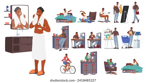 Male Character Daily Routine. Rise, Exercise and Breakfast at Morning. Work Tasks and Lunch at Afternoon, Shopping, Evening Leisure Time, Dinner, Unwind, Sleep. Cartoon People Vector Illustration