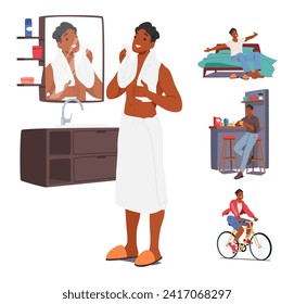 Male Character Daily Routine and Rituals. Young Black Man Washing in Bathroom, Wake Up, Eating Breakfast and Riding Bicycle Isolated on White Background. Cartoon People Vector Illustration