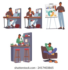 Male Character Daily Routine And Rituals. Young Black Man Work in Office, Dining at Workplace, Doing Presentation, Cooking and watch Tv Isolated On White Background. Cartoon People Vector Illustration