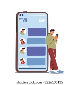 Male Character Dating Online Using App On Phone. Virtual Service Communication At Distance. Young Man Looking on Smartphone Screen Texting Messages to Girl. Cartoon People Vector Illustration