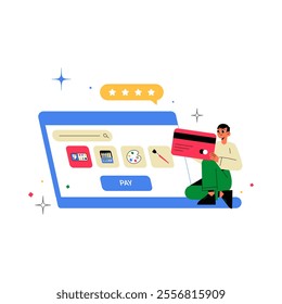 Male Character With Debit Card And Online Payment Interface In Flat Vector Illustration Symbolizing E Commerce, Digital Payment, And Online Shopping, Isolated On White Background