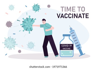 Male character defeats virus with vaccine. Vaccinated man fighting coronavirus. Tube with vaccine dose from covid-19. Protection and prevention from disease. Time to vaccinate.Flat vector illustration